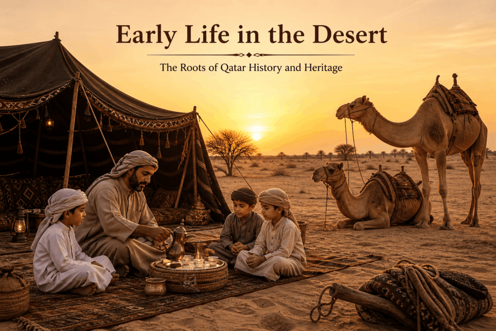 Bedouin life in the Qatar desert with tents and camels
