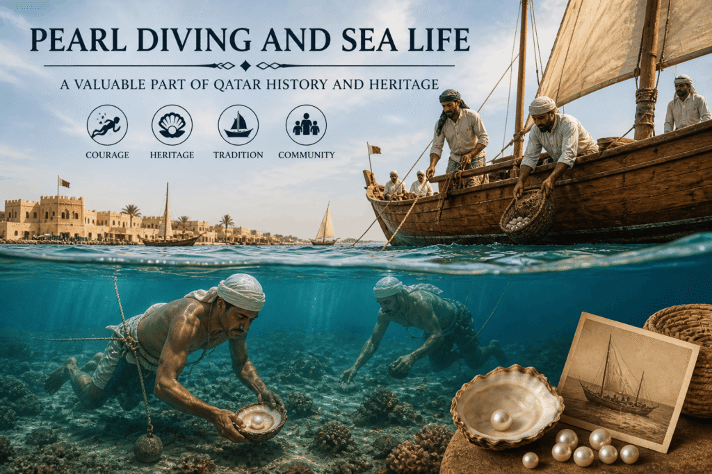 Traditional pearl divers in Qatar sea